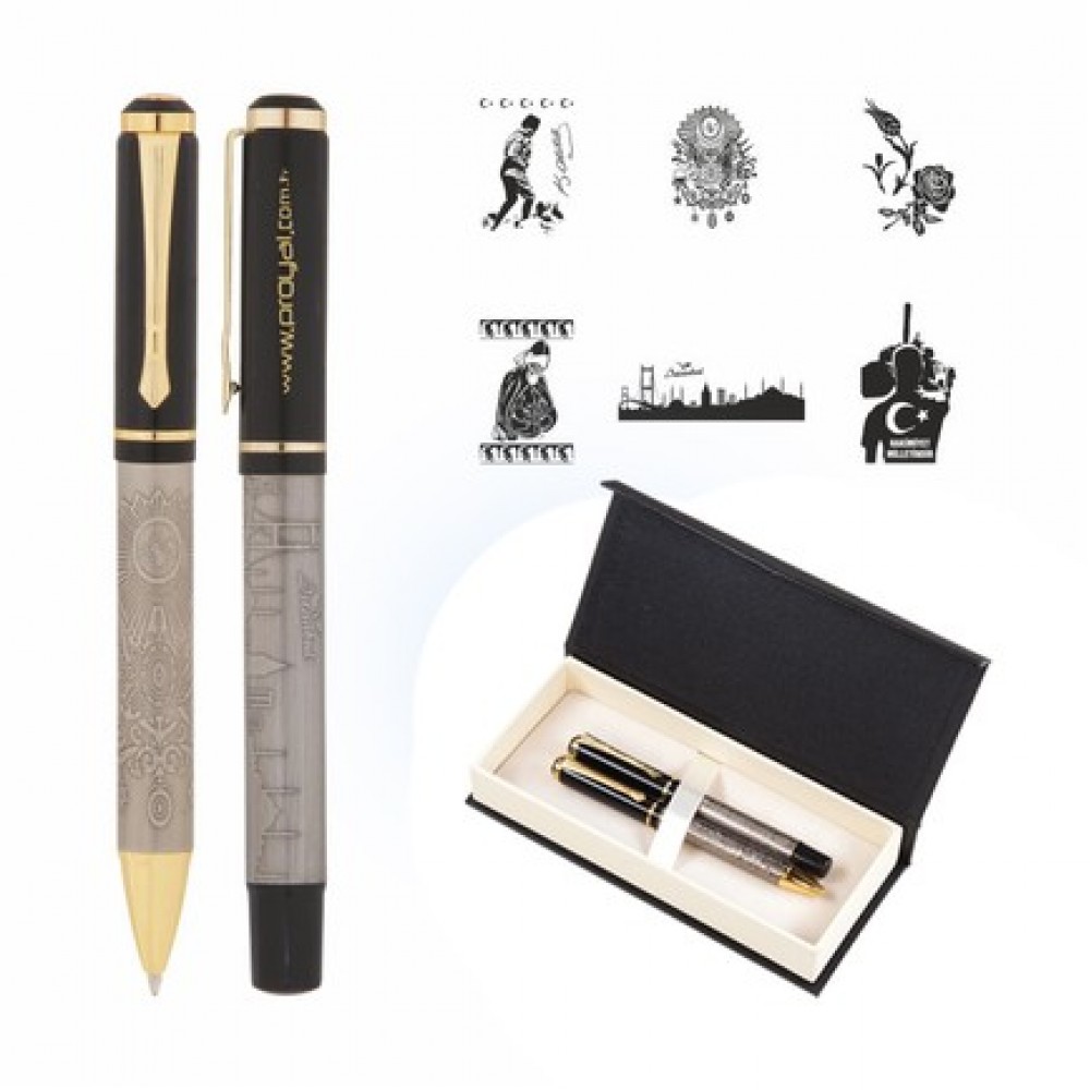 618-RT Kabartma Figürlü Roller & Tükenmez Kalem Seti