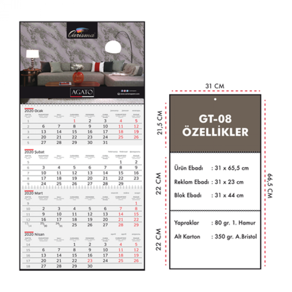 GT-08 Gemici Takvimi 2 Parça Spiralli (31x66,5cm)